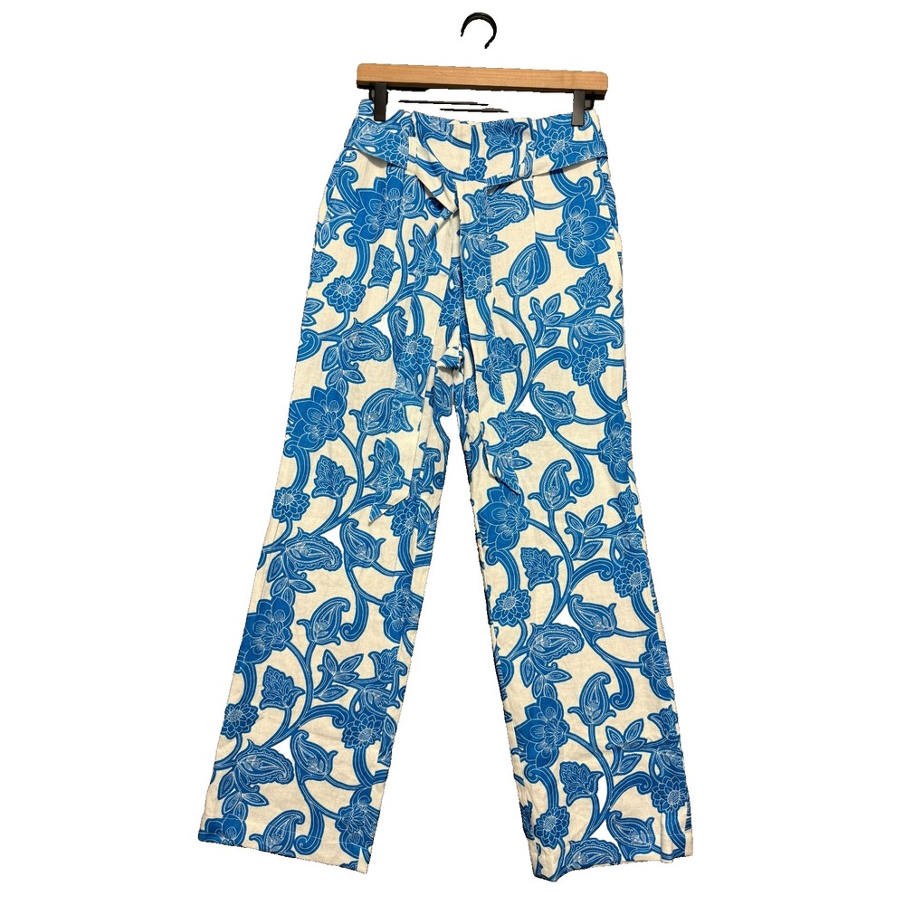 Boden Linen Pants Womens 2 Blue White Floral Wide Leg Coastal Preppy Resortwear
